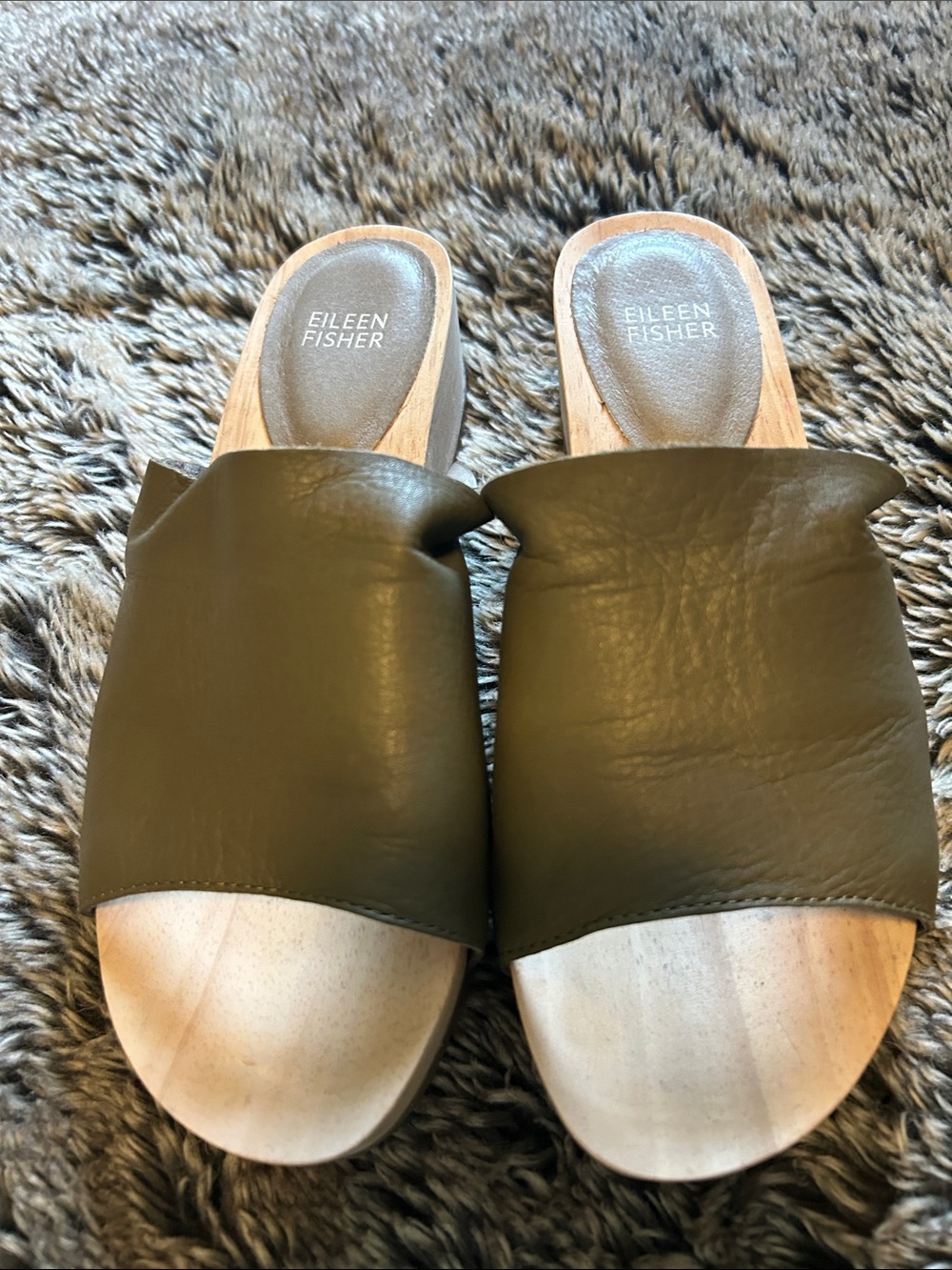 Eileen Fisher Olive Green Leather Clog Slides 7.5